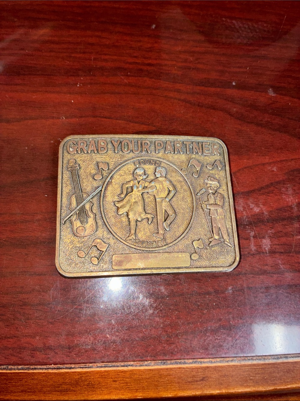 Vintage Brass Square Dance Country Music 1970s “Grab Your Partner” Belt Buckle